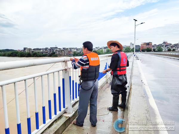 工作人員在賀江搶測洪水 黎芷玲 供圖